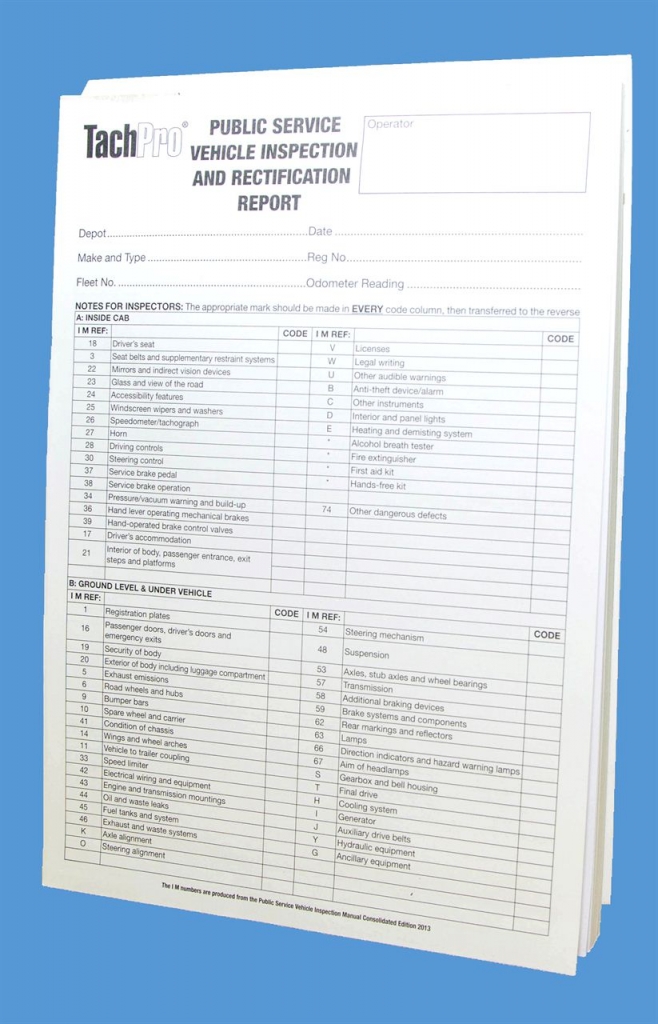 Tachpro psv inspection report sheet, public service vehicle inspection sheet, Bus inspection sheet, minibus inspection, coach inspection